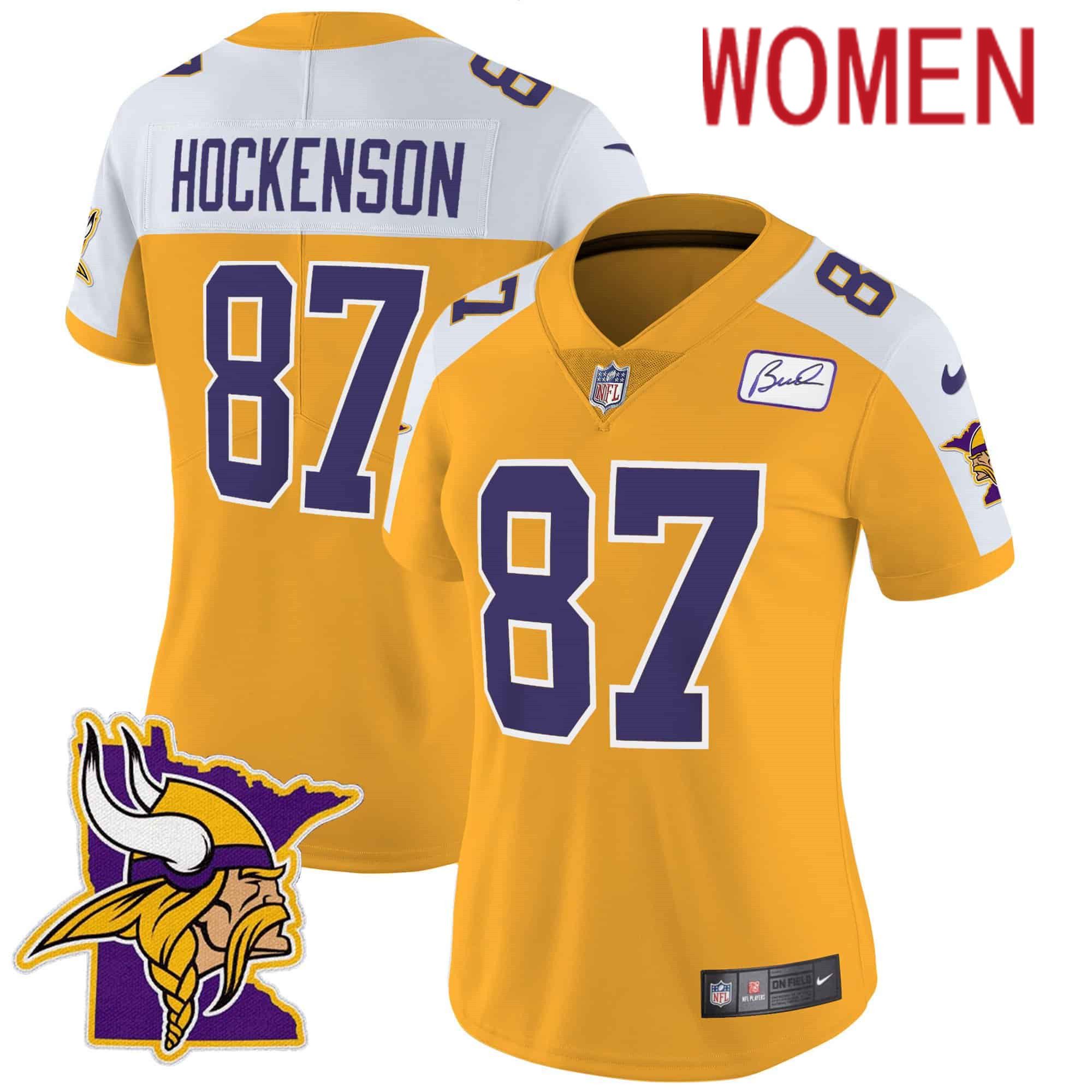 Women Minnesota Vikings #87 Hockenson Yellow 2024 Nike Patch Classic Limited NFL Jersey
